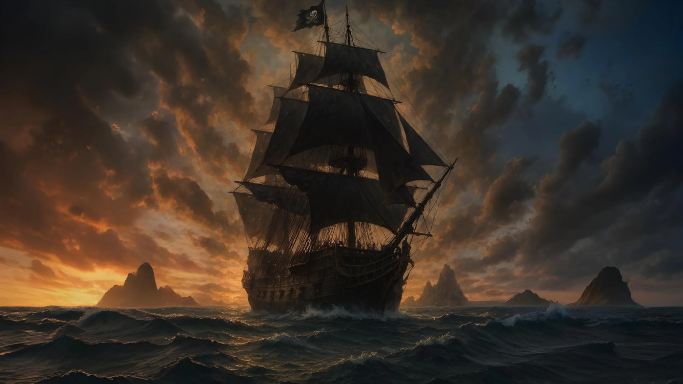 una maestosa nave pirata con vele nere e un'atmosfera avventurosa, ispirata allo spirito dei grandi corsari