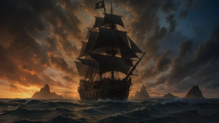 una maestosa nave pirata con vele nere e un'atmosfera avventurosa, ispirata allo spirito dei grandi corsari